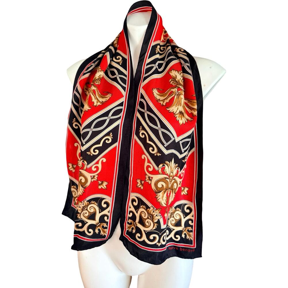 Vintage Harve Benard Silk Baroque Scroll Scarf 1980s Oblong Red Black 10x50